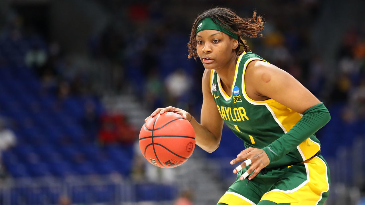 SAN ANTONIO, TX - MARCH 29: NaLyssa Smith #1 of the Baylor Lady Bears dribbles toward the basket \au]\ during the second quarter in the Elite Eight round of the 2021 NCAA Women's Basketball Tournament at Alamodome on March 29, 2021 in San Antonio, Texas.