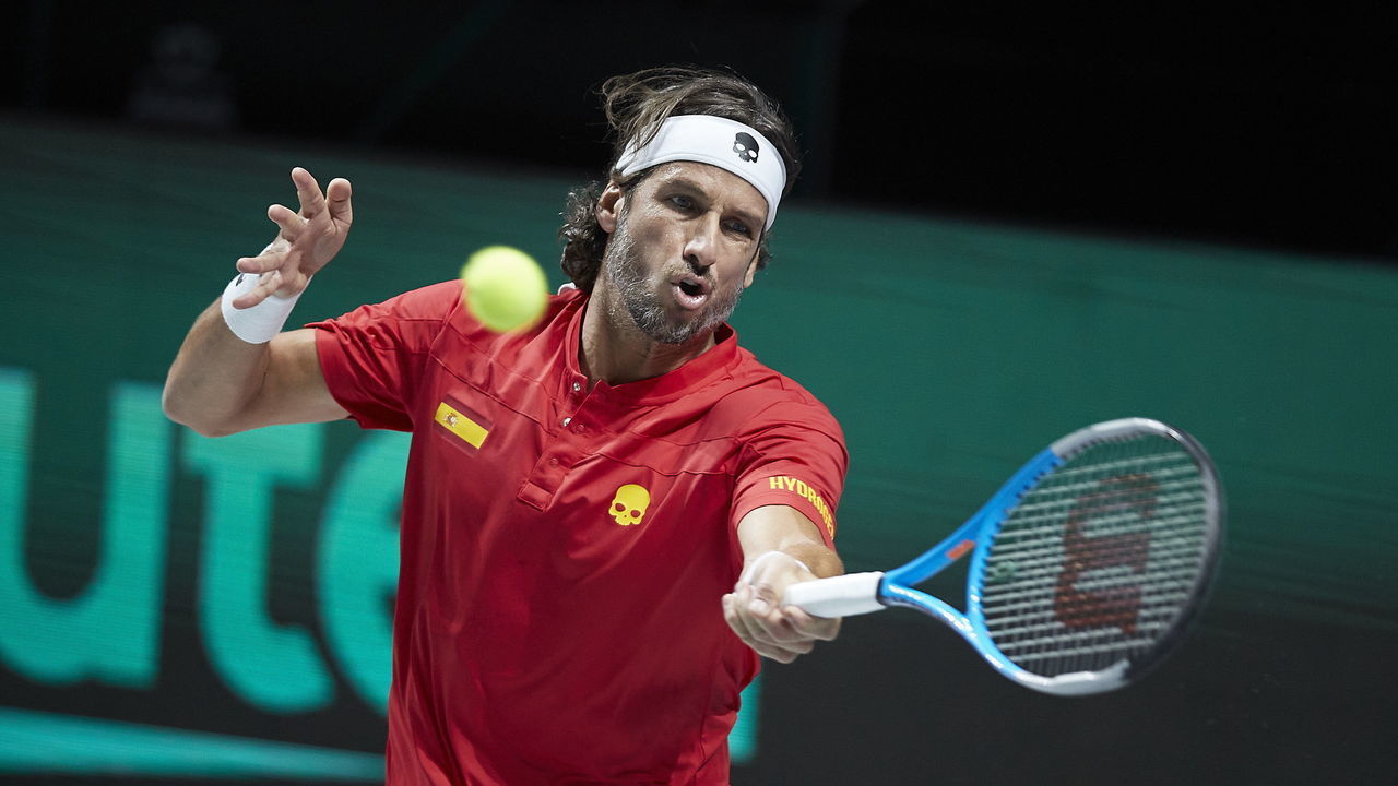 MADRID, SPAIN - NOVEMBER 26: (BILD OUT) Feliciano Lopez of Spain plays a forehand in the match against Roberto Quiroz of Ecuador during the Davis Cup Finals 2021 match between Spain and Ecuador at Madrid Arena on November 26, 2021 in Madrid, Spain.