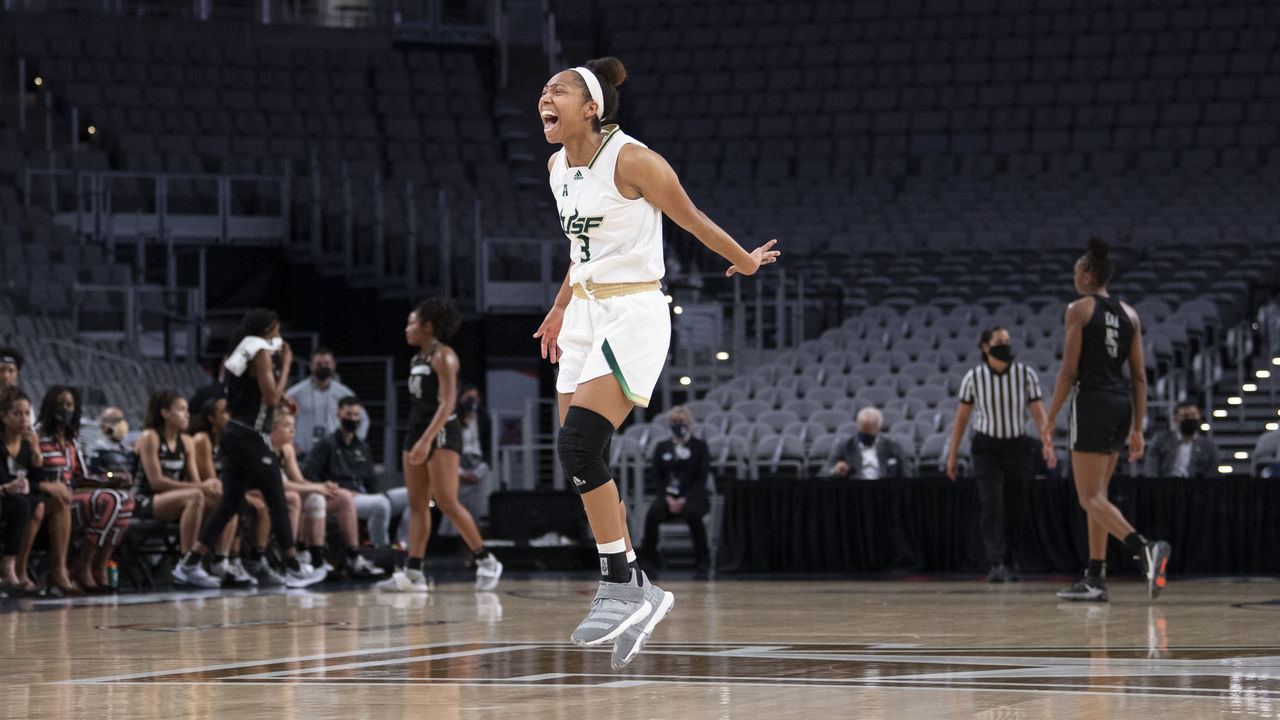 FORT WORTH, TX - MARCH 11: Sydni Harvey #3 of the South Florida Bulls reacts after winning the American Athletic Conference Women's Basketball Championship game against the UCF Knights at Dickies Arena on March 11, 2021 in Fort Worth, Texas.