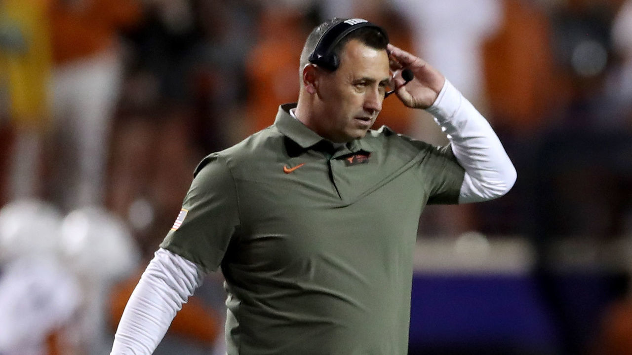 AUSTIN, TEXAS - NOVEMBER 13: Head coach Steve Sarkisian of the Texas Longhorns walks on the field in the second half against the Kansas Jayhawks at Darrell K Royal-Texas Memorial Stadium on November 13, 2021 in Austin, Texas.