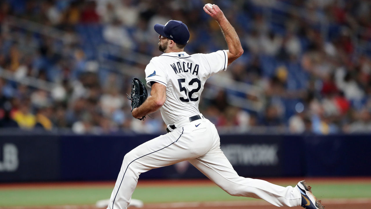 TAMPA, FL - OCTOBER 08: Michael Wacha #52 of the Tampa Bay Rays pitches in the ninth inning during Game 2 of the ALDS between the Boston Red Sox and the Tampa Bay Rays at Tropicana Field on Friday, October 8, 2021 in Tampa, Florida.