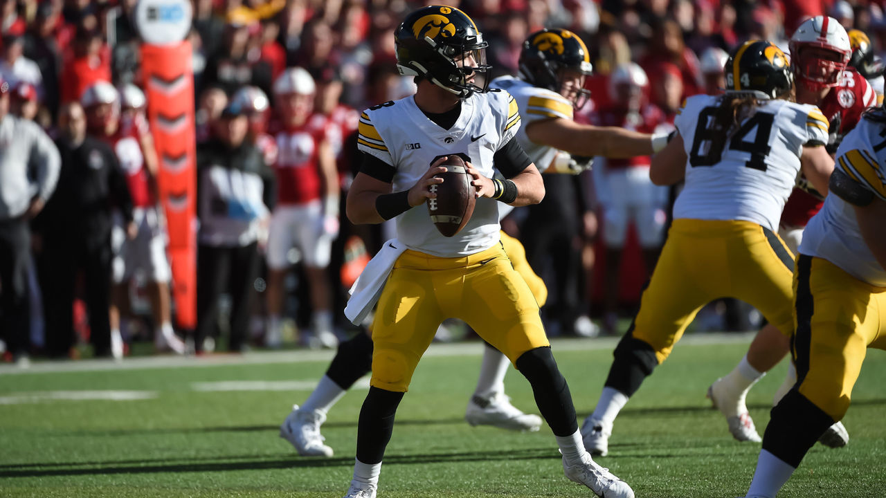 LINCOLN, NE - NOVEMBER 26: Quarterback Alex Padilla #8 of the Iowa Hawkeyes drops back to pass against the Nebraska Cornhuskers at Memorial Stadium on November 26, 2021 in Lincoln, Nebraska.