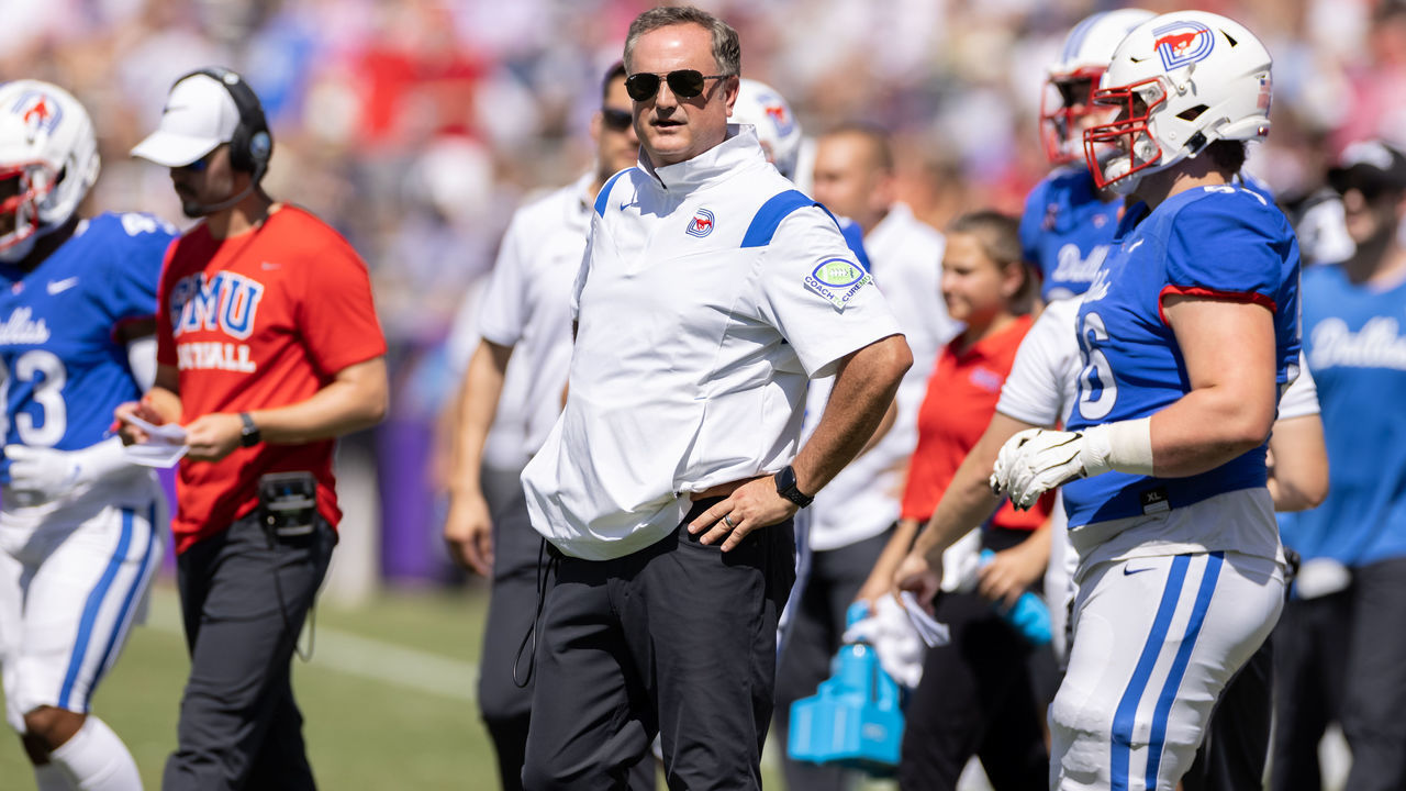FORT WORTH, TX - SEPTEMBER 25: SMU Mustangs head coach Sonny Dykes looks on from the sideline during the college football game between the SMU Mustangs and TCU Horned Frogs on September 25, 2021 at Amon G. Carter Stadium in Fort Worth, TX.