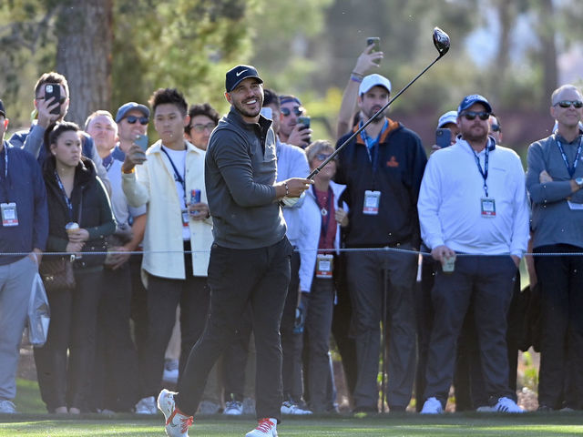 LAS VEGAS, NEVADA - NOVEMBER 26: Brooks Koepka plays his shot from the fourth tee during Capital One's The Match V: Bryson v Brooks at Wynn Golf Course on November 26, 2021 in Las Vegas, Nevada.