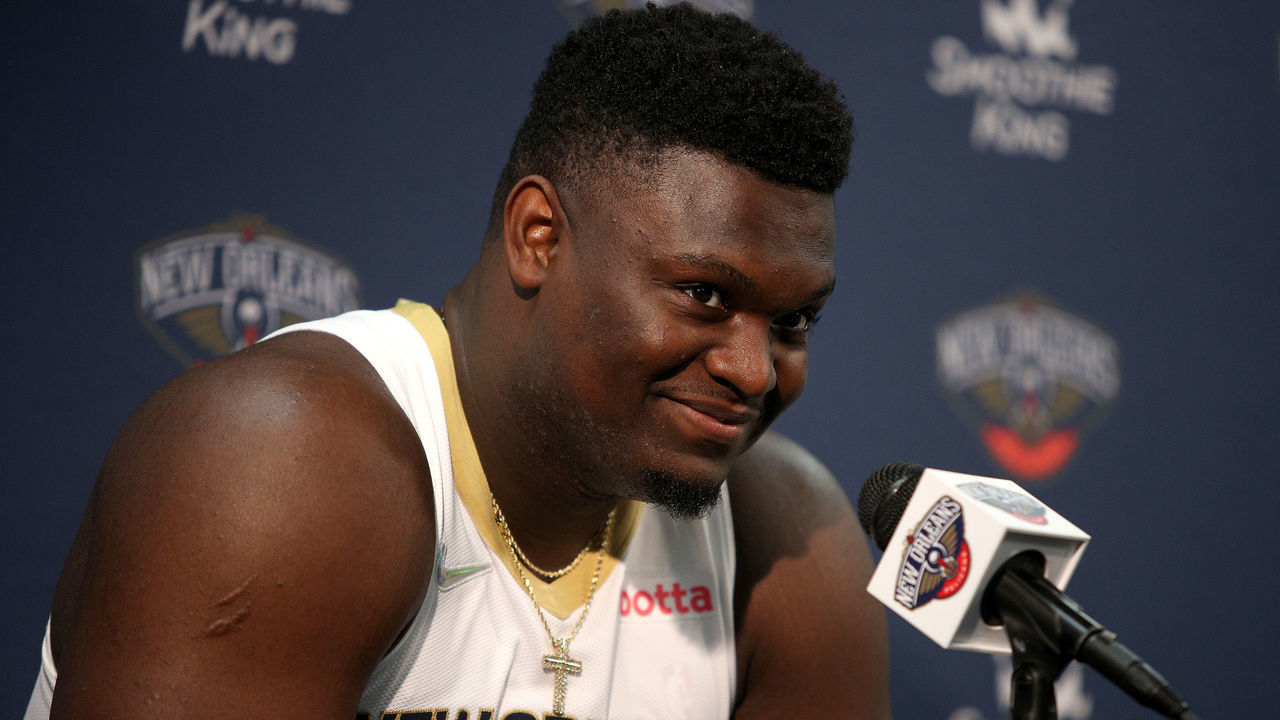 NEW ORLEANS, LOUISIANA - SEPTEMBER 27: Zion Williamson #1 of the New Orleans Pelicans speaks to members of the media during Media Day at Smoothie King Center on September 27, 2021 in New Orleans, Louisiana.