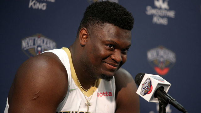 NEW ORLEANS, LOUISIANA - SEPTEMBER 27: Zion Williamson #1 of the New Orleans Pelicans speaks to members of the media during Media Day at Smoothie King Center on September 27, 2021 in New Orleans, Louisiana.