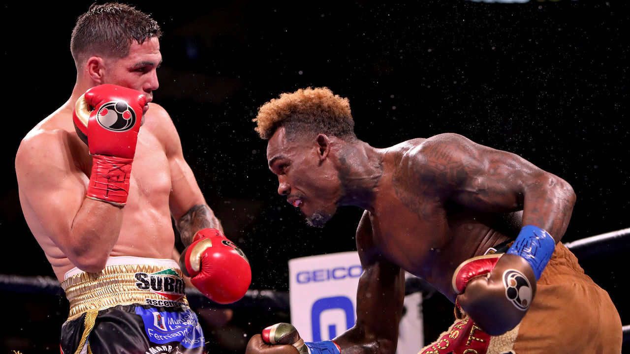 SAN ANTONIO, TX - JULY 17: Jermell Charlo (R) and Brian Castano (L) exchange punches during their Super Welterweight fight at AT&T Center on July 17, 2021 in San Antonio, Texas. The Jermell Charlo and Brian Castano fight ended in a split draw.