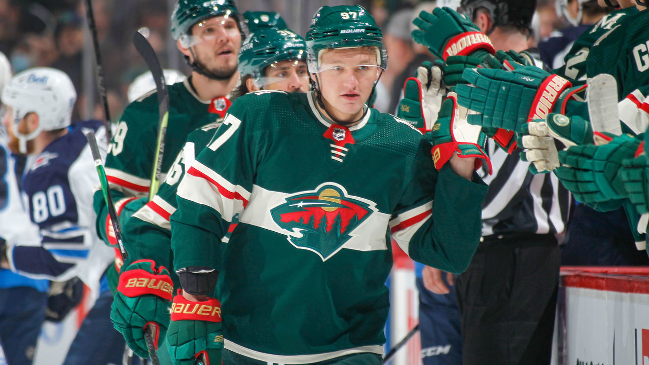 SAINT PAUL, MN - NOVEMBER 26: Kirill Kaprizov #97 of the Minnesota Wild celebrates after scoring a goal against the Winnipeg Jets during the game at the Xcel Energy Center on November 26, 2021 in Saint Paul, Minnesota.