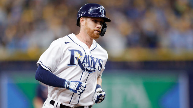 ST PETERSBURG, FLORIDA - OCTOBER 08: Jordan Luplow #25 of the Tampa Bay Rays celebrates his grand slam in the first inning against the Boston Red Sox during Game 2 of the American League Division Series at Tropicana Field on October 08, 2021 in St Petersburg, Florida.