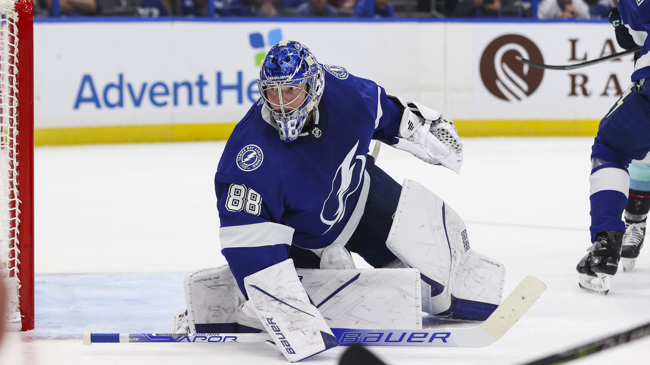 TAMPA, FL - NOVEMBER 26: Goalie Andrei Vasilevskiy #88 of the Tampa Bay Lightning tends net against the Seattle Kraken during the second period at Amalie Arena on November 26, 2021 in Tampa, Florida.