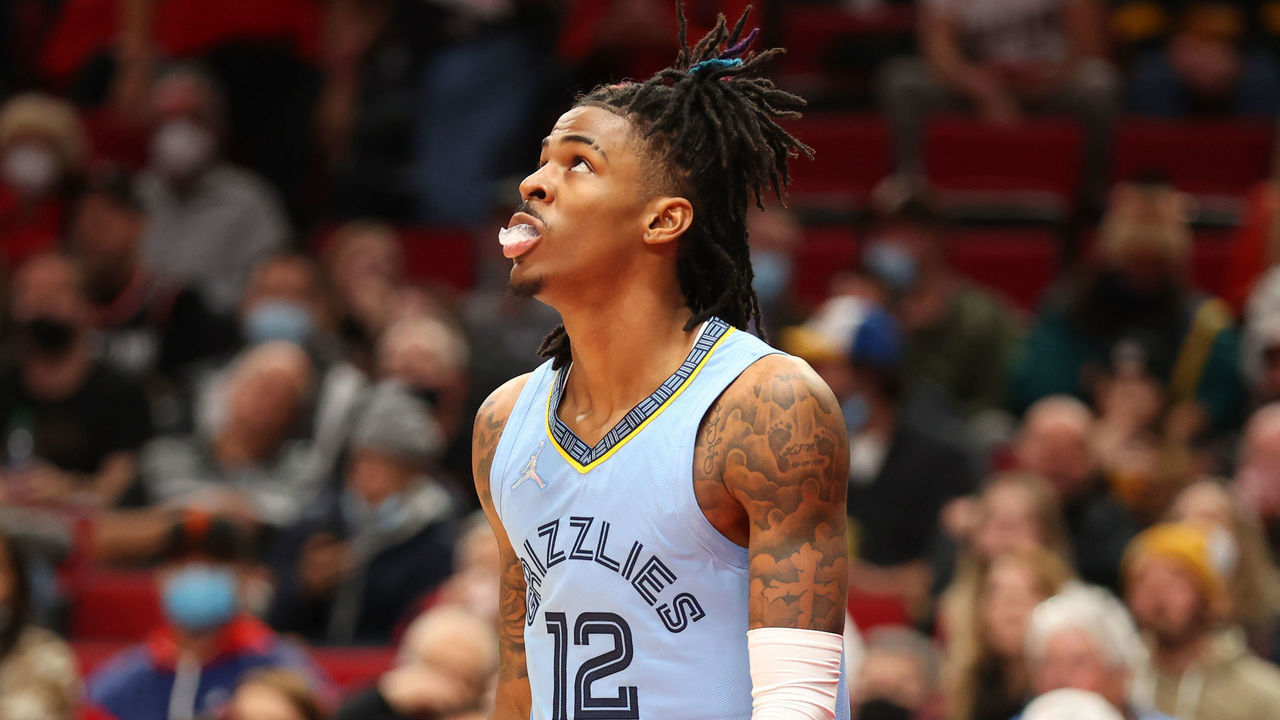 PORTLAND, OREGON - OCTOBER 27: Ja Morant #12 of the Memphis Grizzlies reacts against the Portland Trail Blazers during the third quarter at Moda Center on October 27, 2021 in Portland, Oregon.