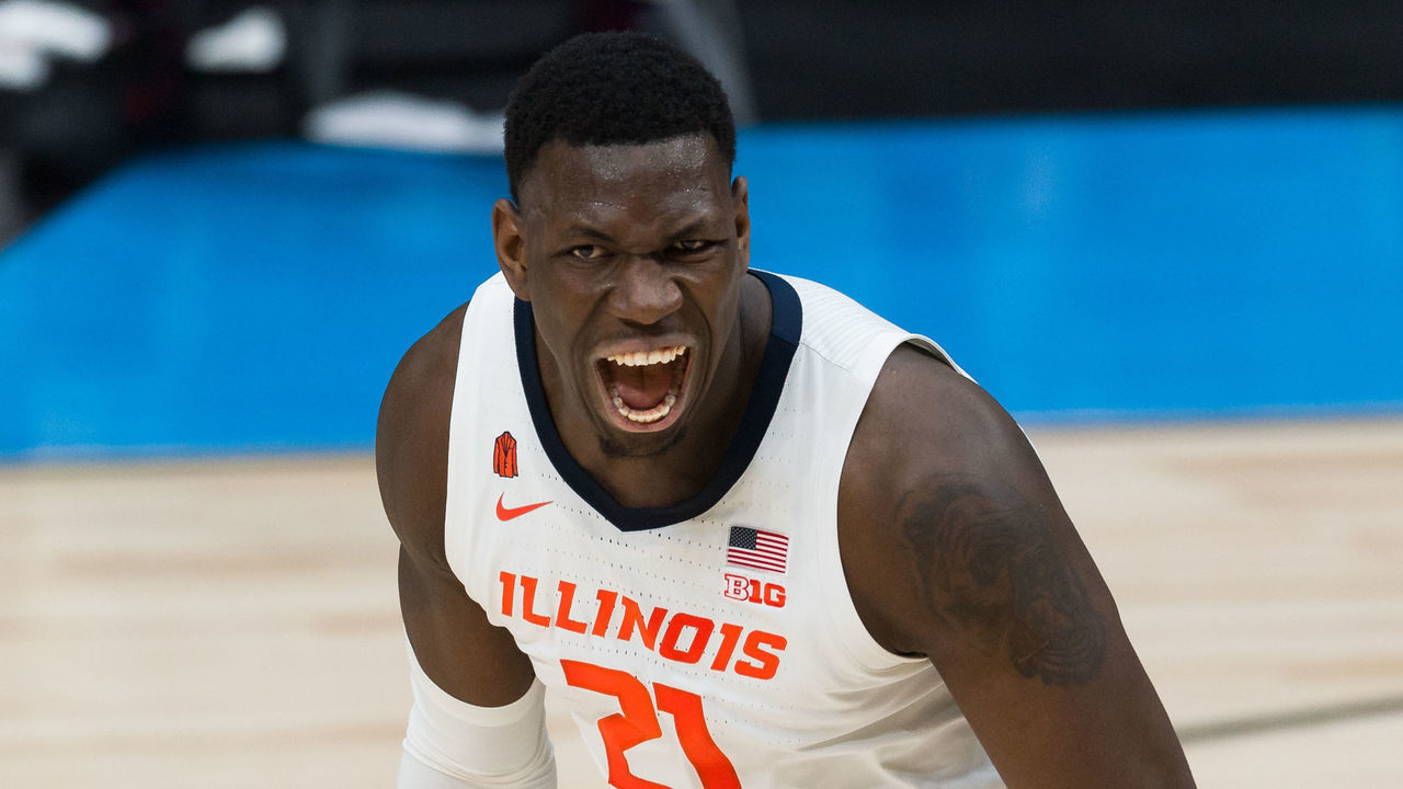 INDIANAPOLIS, IN - MARCH 12: Illinois Fighting Illini center Kofi Cockburn (21) celebrates after a score during the men's Big Ten tournament college basketball game between the Rutgers Scarlet Knights and Illinois Fighting Iliini on March 12, 2021, at Lucas Oil Stadium in Indianapolis, IN.