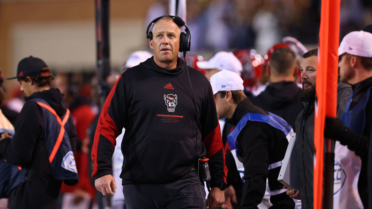 WINSTON-SALEM, NORTH CAROLINA - NOVEMBER 13: Head coach Dave Doeren of the North Carolina State Wolfpack watches his team play against the Wake Forest Demon Deacons during their game at Truist Field on November 13, 2021 in Winston-Salem, North Carolina. Wake Forest won 45-42.