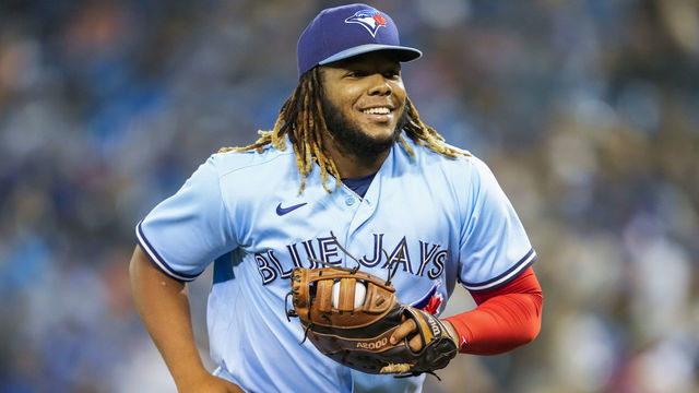 TORONTO, ONTARIO - OCTOBER 3: Vladimir Guerrero Jr. #27 of the Toronto Blue Jays smiles in break against the Baltimore Orioles during their MLB game at the Rogers Centre on October 3, 2021 in Toronto, Ontario, Canada.