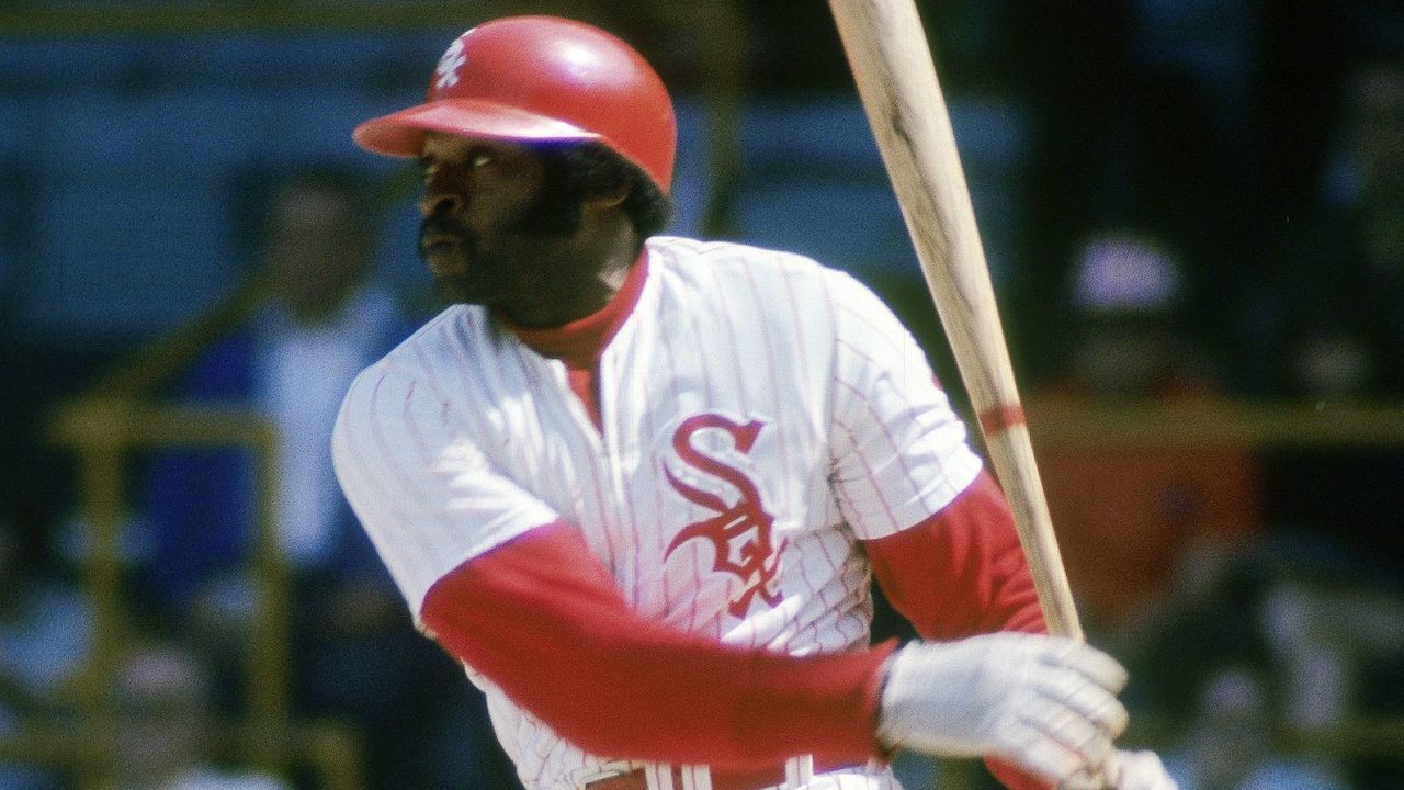 CHICAGO, IL - CIRCA 1970's: First baseman Dick Allen of the Chicago White Sox watches the flight of his ball as he follows through on his swing during a mid circa 1970's Major League Baseball game at Comiskey Park in Chicago, Illinois. Allen played for the White Sox from 1972-74.