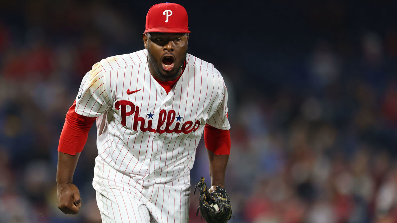 PHILADELPHIA, PA - SEPTEMBER 24: Hector Neris #50 of the Philadelphia Phillies reacts after getting the final out in the eighth inning against the Pittsburgh Pirates during a game at Citizens Bank Park on September 24, 2021 in Philadelphia, Pennsylvania.