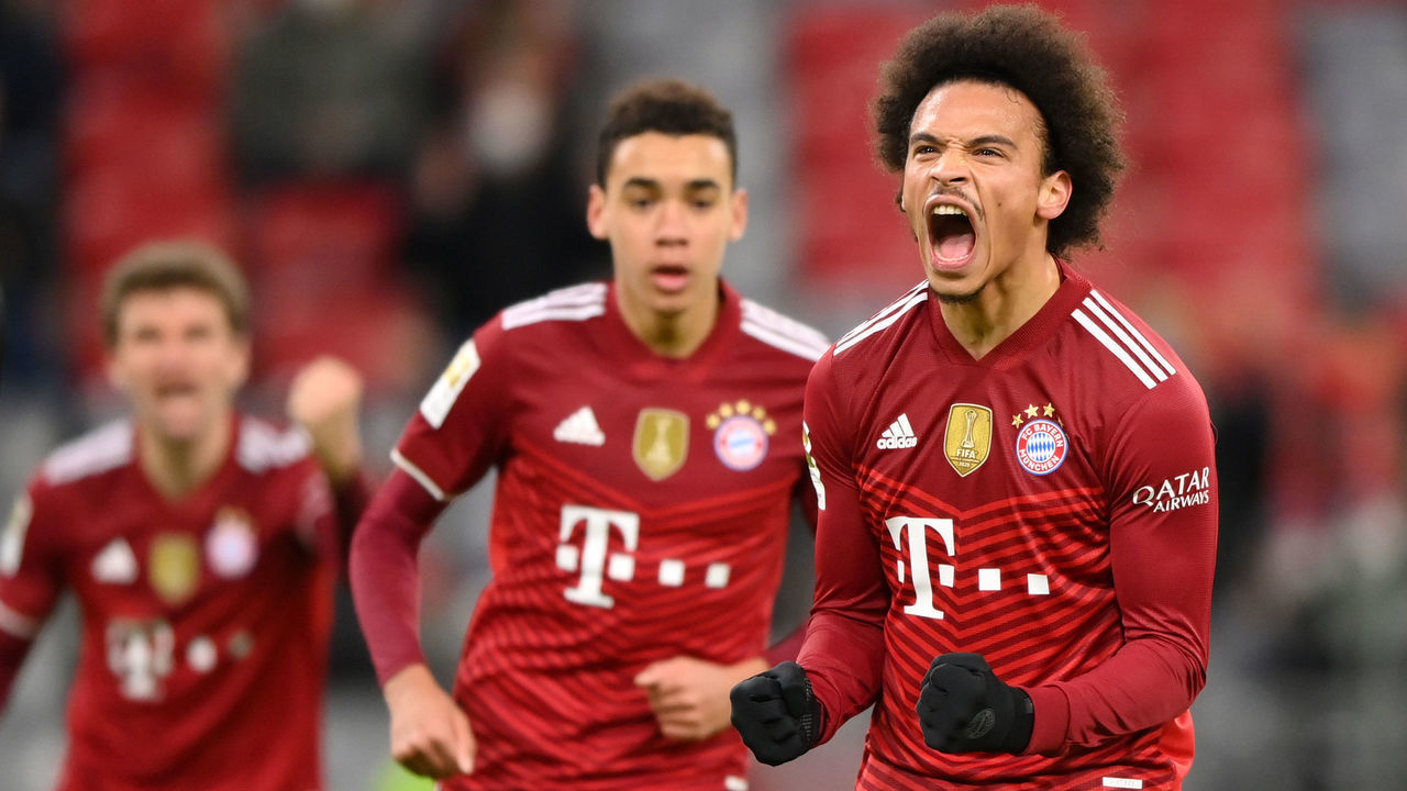 MUNICH, GERMANY - NOVEMBER 27: Leroy Sane of FC Bayern Muenchen celebrates after scoring their side's first goal during the Bundesliga match between FC Bayern München and DSC Arminia Bielefeld at Allianz Arena on November 27, 2021 in Munich, Germany.