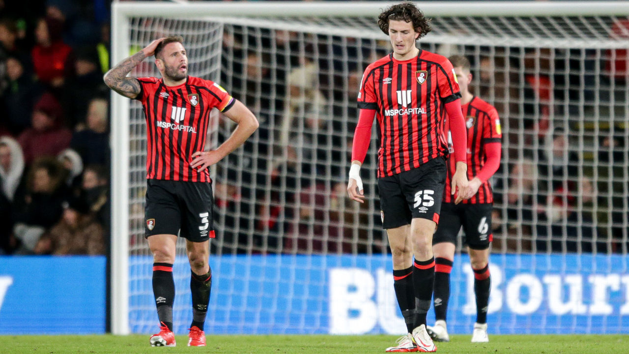 BOURNEMOUTH, ENGLAND - NOVEMBER 27: Steve Cook and Zeno Ibsen Rossi of Bournemouth after Todd Kane of Coventry City scores a late equaliser to make it 2-2 during the Sky Bet Championship match between AFC Bournemouth and Coventry City at Vitality Stadium on November 27, 2021 in Bournemouth, England.