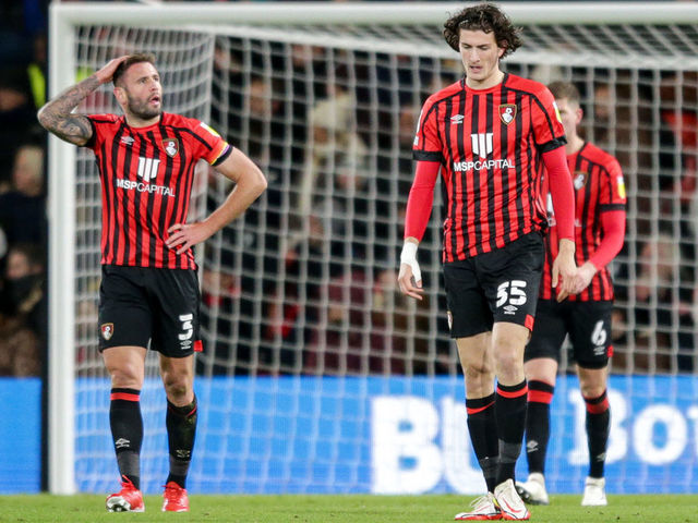 BOURNEMOUTH, ENGLAND - NOVEMBER 27: Steve Cook and Zeno Ibsen Rossi of Bournemouth after Todd Kane of Coventry City scores a late equaliser to make it 2-2 during the Sky Bet Championship match between AFC Bournemouth and Coventry City at Vitality Stadium on November 27, 2021 in Bournemouth, England.