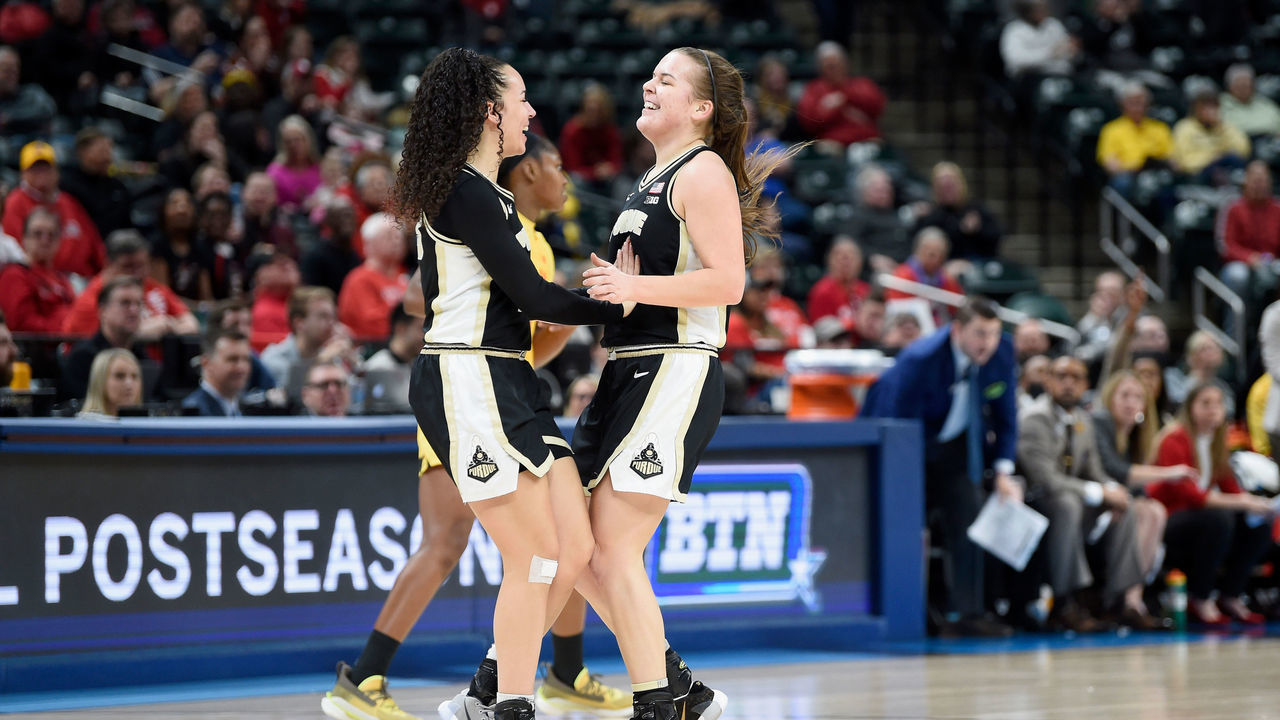INDIANAPOLIS, IN - MARCH 06: Cassidy Hardin #5 of the Purdue Boilermakers celebrates during the game against the Maryland Terrapins during the Quarterfinals of the Big Ten Women's Basketball Tournament at Bankers Life Fieldhouse on March 6, 2020 in Indianapolis, Indiana.