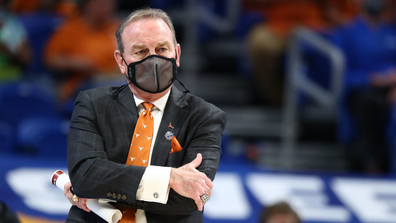 SAN ANTONIO, TX - MARCH 30: Head coach Vic Schaefer of the Texas Longhorns looks on from the sidelines against the South Carolina Gamecocks during the first quarter in the Elite Eight round of the 2021 NCAA Womens Basketball Tournament at Alamodome on March 30, 2021 in San Antonio, Texas.