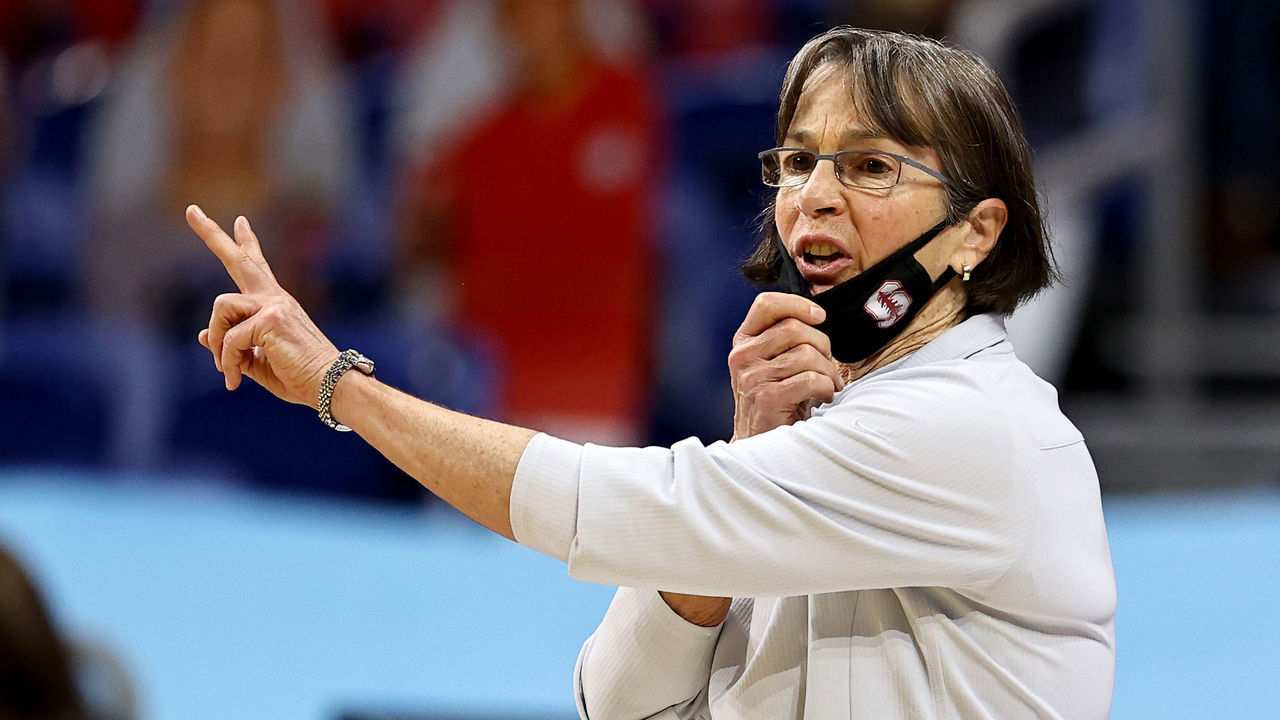 SAN ANTONIO, TEXAS - APRIL 04: Head coach Tara VanDerveer of the Stanford Cardinal directs her team during the National Championship game of the 2021 NCAA Women's Basketball Tournament at the Alamodome on April 04, 2021 in San Antonio, Texas.The Stanford Cardinal defeated the Arizona Wildcats 54-53 to win the national title.