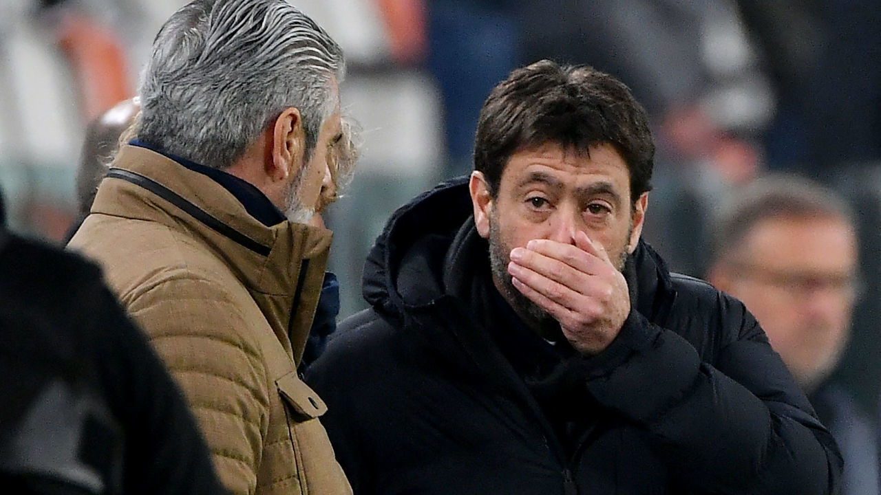 Juventus' Italian President Andrea Agnelli (R) talks to Juventus' Italian managing director Maurizio Arrivabene during the Italian Serie A football match Juventus vs Atalanta at the Allianz Stadium in Turin, on November 27, 2021.
