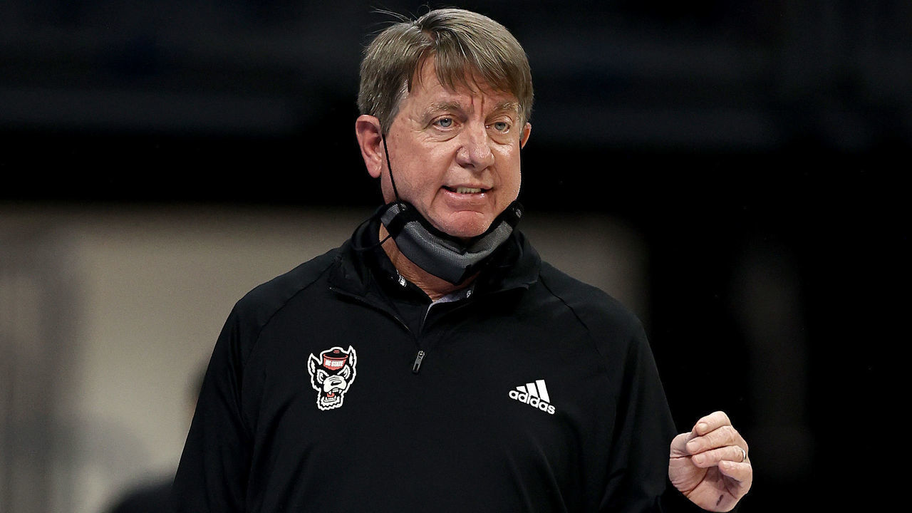 SAN ANTONIO, TEXAS - MARCH 27: Head coach Wes Moore of the NC State Wolfpack directs his players in the first half against the Indiana Hoosiers during the Sweet Sixteen round of the NCAA Women's Basketball Tournament at the Alamodome on March 27, 2021 in San Antonio, Texas.