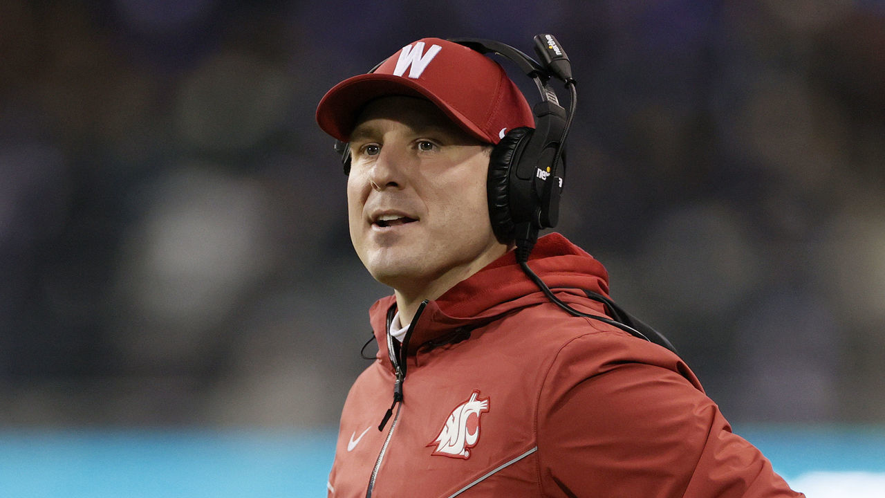 SEATTLE, WASHINGTON - NOVEMBER 26: Interim head coach Jake Dickert of the Washington State Cougars looks on during the third quarter against the Washington Huskies at Husky Stadium on November 26, 2021 in Seattle, Washington.