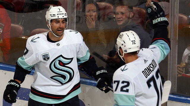 SUNRISE, FL - NOVEMBER 27: Jordan Eberle #7 celebrates his goal with teammate Joonas Donskoi #72 of the Seattle Kraken during the first period against the Florida Panthers at the FLA Live Arena on November 27, 2021 in Sunrise, Florida.