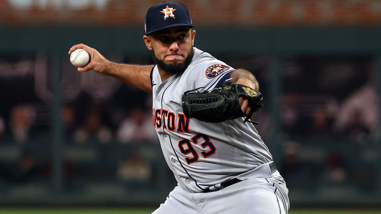 ATLANTA, GEORGIA - OCTOBER 31: Yimi Garcia #93 of the Houston Astros delivers the pitch against the Atlanta Braves during the third inning in Game Five of the World Series at Truist Park on October 31, 2021 in Atlanta, Georgia.