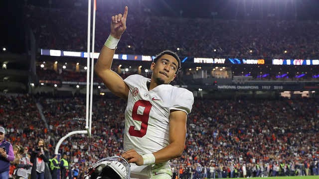 AUBURN, ALABAMA - NOVEMBER 27: Bryce Young #9 of the Alabama Crimson Tide reacts prior to the start of the first overtime against the Auburn Tigers at Jordan-Hare Stadium on November 27, 2021 in Auburn, Alabama.