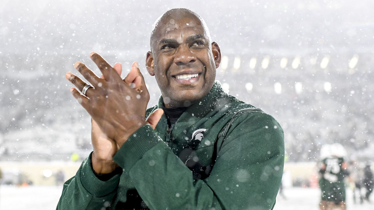 EAST LANSING, MICHIGAN - NOVEMBER 27: Head coach Mel Tucker of the Michigan State Spartans celebrates his team’s win against the Penn State Nittany Lions at Spartan Stadium on November 27, 2021 in East Lansing, Michigan.