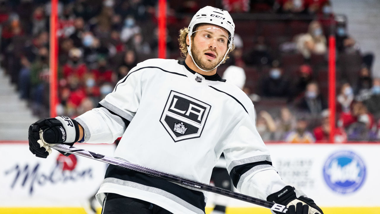 OTTAWA, ON - NOVEMBER 11: Los Angeles Kings Left Wing Brendan Lemieux (48) after a whistle during second period National Hockey League action between the Los Angeles Kings and Ottawa Senators on November 11, 2021, at Canadian Tire Centre in Ottawa, ON, Canada.