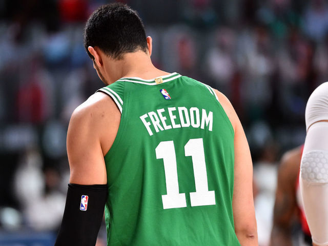 Orlando, FL - AUGUST 2: A close up view of the back of the jersey of Enes Kanter #11 of the Boston Celtics during a game against the Portland Trail Blazers on August 2, 2020 at The Arena at ESPN Wide World Of Sports Complex in Orlando, Florida. NOTE TO USER: User expressly acknowledges and agrees that, by downloading and/or using this Photograph, user is consenting to the terms and conditions of the Getty Images License Agreement. Mandatory Copyright Notice: Copyright 2020 NBAE