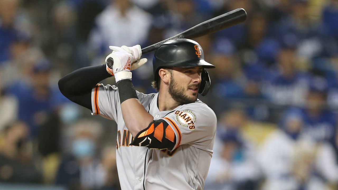 LOS ANGELES, CA - OCTOBER 11: Kris Bryant #23 of the San Francisco Giants bats during Game 3 of the NLDS between the San Francisco Giants and the Los Angeles Dodgers at Dodgers Stadium on Monday, October 11, 2021 in Los Angeles, California.