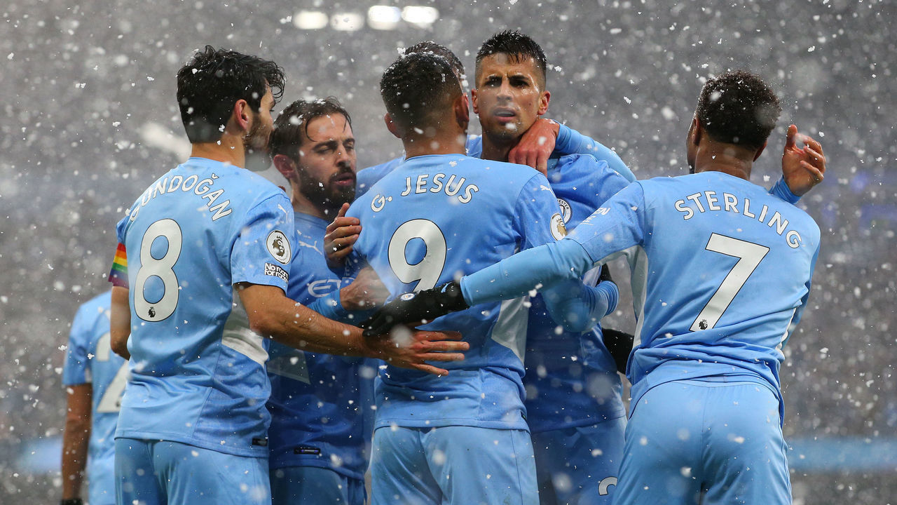 MANCHESTER, ENGLAND - NOVEMBER 28: Ilkay Guendogan of Manchester City celebrates after scoring their side's first goal with Bernardo Silva, Gabriel Jesus and Joao Cancelo during the Premier League match between Manchester City and West Ham United at Etihad Stadium on November 28, 2021 in Manchester, England.