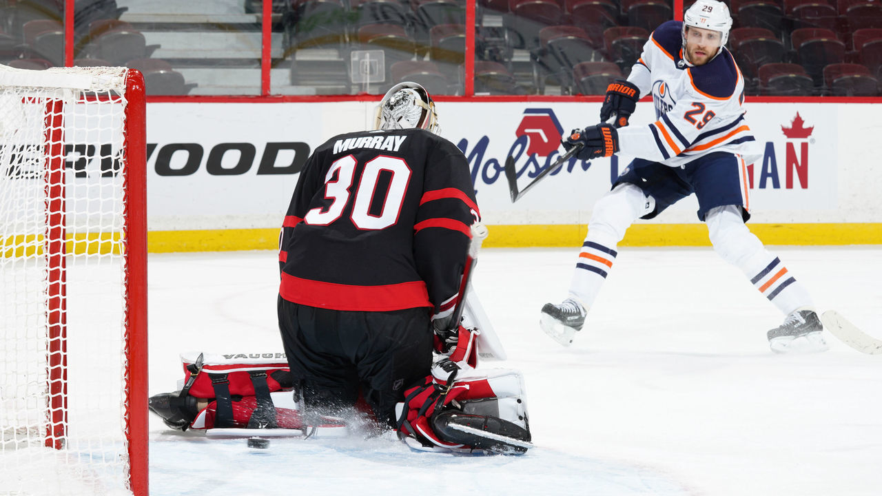 OTTAWA, ON - FEBRUARY 8: Leon Draisaitl #29 of the Edmonton Oilers shoots the puck past Matt Murray #30 of the Ottawa Senators for his second period goal at Canadian Tire Centre on February 8, 2021 in Ottawa, Ontario, Canada.