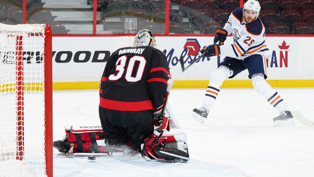 OTTAWA, ON - FEBRUARY 8: Leon Draisaitl #29 of the Edmonton Oilers shoots the puck past Matt Murray #30 of the Ottawa Senators for his second period goal at Canadian Tire Centre on February 8, 2021 in Ottawa, Ontario, Canada.