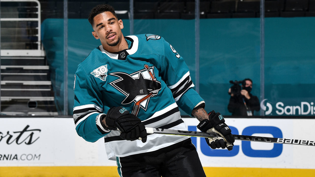 SAN JOSE, CA - APRIL 10: Evander Kane #9 of the San Jose Sharks skates during warmups against the Los Angeles Kings at SAP Center on April 10, 2021 in San Jose, California.