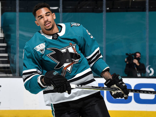 SAN JOSE, CA - APRIL 10: Evander Kane #9 of the San Jose Sharks skates during warmups against the Los Angeles Kings at SAP Center on April 10, 2021 in San Jose, California.