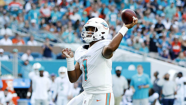 MIAMI GARDENS, FLORIDA - NOVEMBER 28: Tua Tagovailoa #1 of the Miami Dolphins throws the ball during the second quarter against the Carolina Panthers at Hard Rock Stadium on November 28, 2021 in Miami Gardens, Florida.