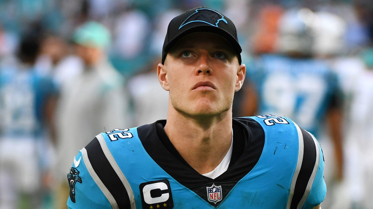 MIAMI GARDENS, FLORIDA - NOVEMBER 28: Christian McCaffrey #22 of the Carolina Panthers leaves the field after the game against the Miami Dolphins at Hard Rock Stadium on November 28, 2021 in Miami Gardens, Florida. Miami defeated Carolina 33-10