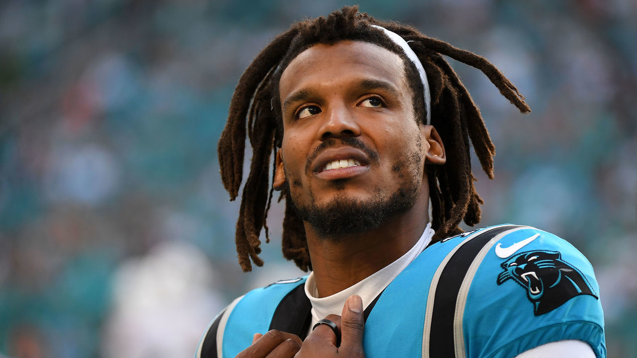 MIAMI GARDENS, FLORIDA - NOVEMBER 28: Cam Newton #1 of the Carolina Panthers looks on from the sidelines during the fourth quarter against the Miami Dolphins at Hard Rock Stadium on November 28, 2021 in Miami Gardens, Florida.