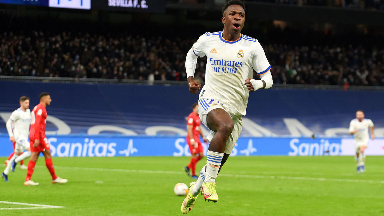 MADRID, SPAIN - NOVEMBER 28: Vinicius Junior of Real Madrid celebrates after scoring their side's second goal during the La Liga Santander match between Real Madrid CF and Sevilla FC at Estadio Santiago Bernabeu on November 28, 2021 in Madrid, Spain.