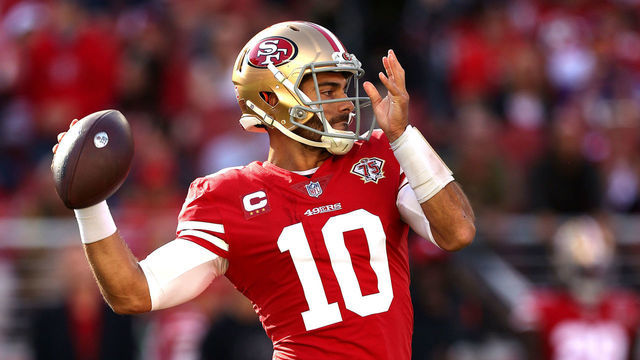 SANTA CLARA, CALIFORNIA - NOVEMBER 28: Jimmy Garoppolo #10 of the San Francisco 49ers passes the ball against the Minnesota Vikings in the first quarter at Levi's Stadium on November 28, 2021 in Santa Clara, California.