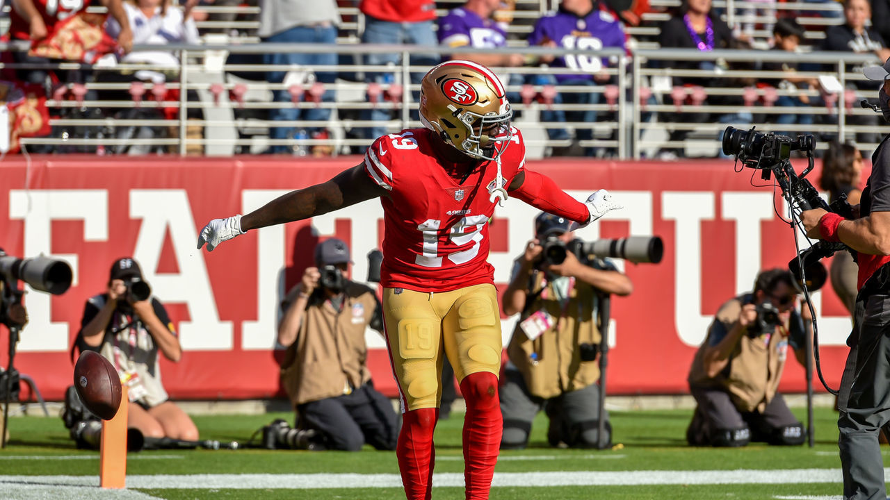 SANTA CLARA, CA - NOVEMBER 28: San Francisco 49ers wide receiver Deebo Samuel (19) does a victory dance in the endzone after a pass reception and run in TD during the game between the Minnesota Vikings and the San Francisco 49ers on Sunday, November 28, 2021 at Levi's Stadium in Santa Clara, California.