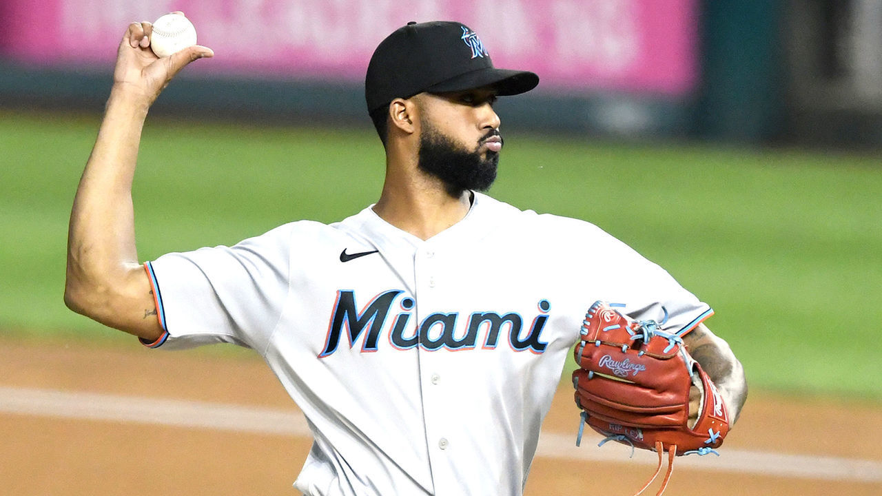 WASHINGTON, DC - SEPTEMBER 13: Sandy Alcantara #22 of the Miami Marlins pitches during a baseball game against the Washington Nationals at Nationals Park on October 13, 2021 in Washington, DC.