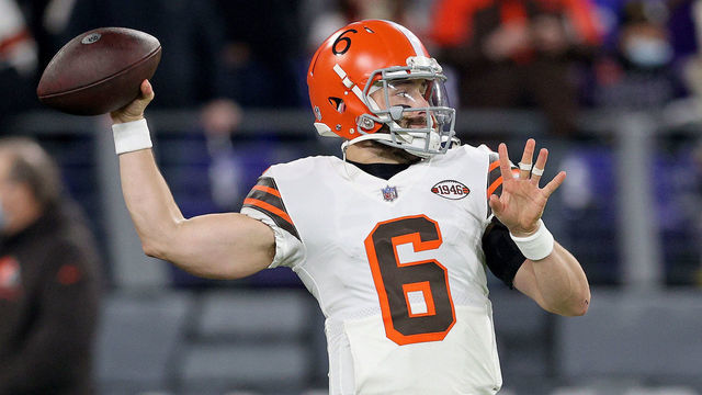 BALTIMORE, MARYLAND - NOVEMBER 28: Baker Mayfield #6 of the Cleveland Browns warms during a game against the Baltimore Ravens at M&T Bank Stadium on November 28, 2021 in Baltimore, Maryland.
