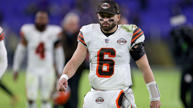 BALTIMORE, MARYLAND - NOVEMBER 28: Baker Mayfield #6 of the Cleveland Browns looks on during a game against the Baltimore Ravens at M&T Bank Stadium on November 28, 2021 in Baltimore, Maryland.